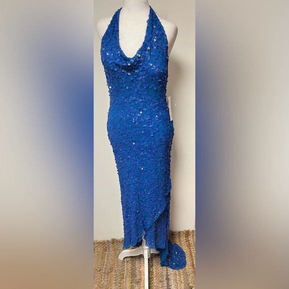 Scala Blue Sequin Halter Gown XL – Silk Blend, Evening Gown Dress NWT - Picture 1 of 7
